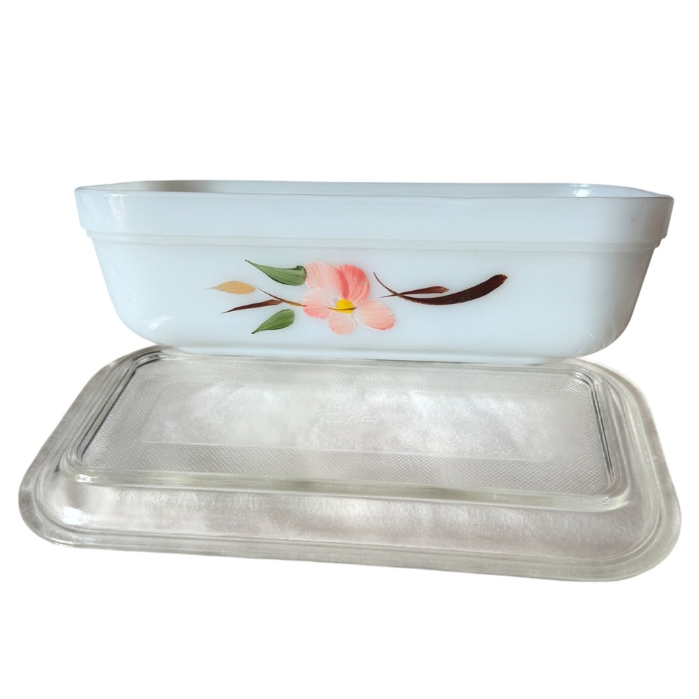 Vintage Fire-King Peach Blossom Milk Glass Refrigerator Dish with Clear Lid!